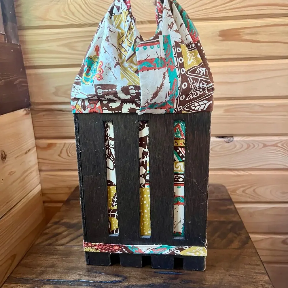 Handmade Wood Crate Basket Bag Box Purse Folk Art Patchwork Lined Rustic Decor